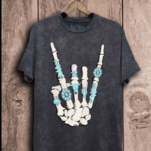 Vintage-Style Charcoal Graphic Tee with Turquoise Skeleton Hand